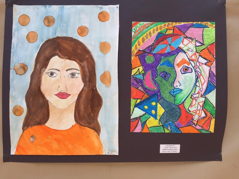 Student art - two paintings of a woman, one is realistic, one is abstract