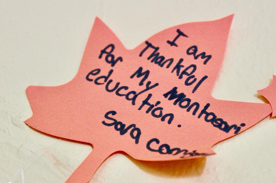 Maple leaf shape cut paper with quote from student - I am thankful for my Montessori education