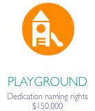 Playground icon in orange circle with caption "Playground Dedication naming rights $150,000"