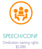 Speech conference icon in orange circle with caption "Speech/Conf Dedication naming rights $5000"