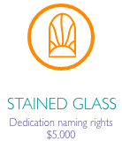 Stained glass icon in orange circle with caption "Dedication naming rights $5000"