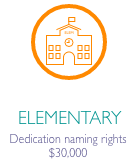 School icon in orange circle with caption "Elementary dedication naming rights $30,000"
