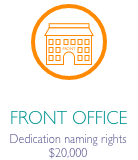 Office building icon in orange circle with caption "Front office dedication naming rights $20,000"
