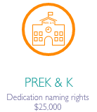 PreK and Kindergarten icon in orange circle with caption "Prek & k dedication naming rights $25,000"